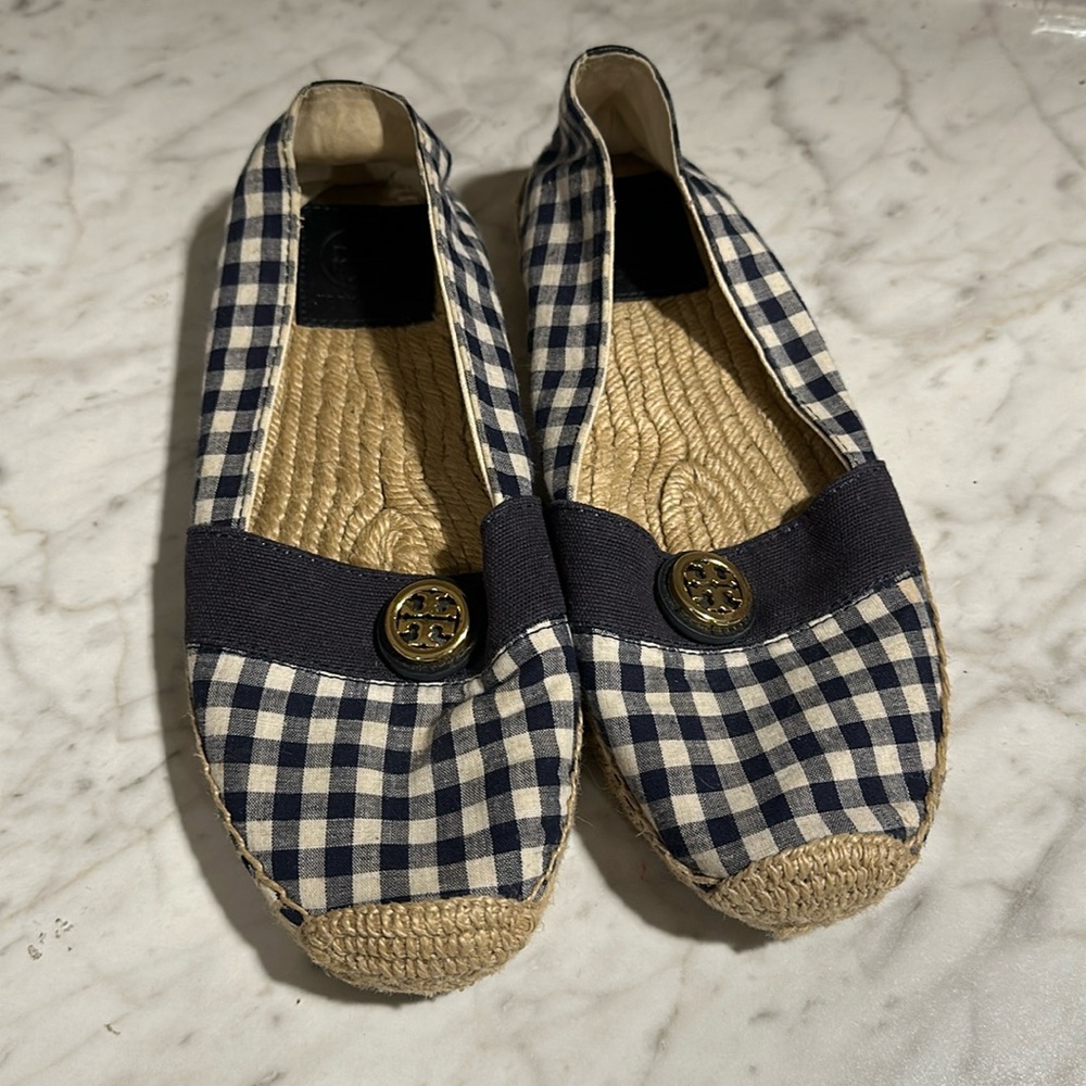 Tory Burch BEACHER Espadrille Flats Navy Gingham women’s size 9